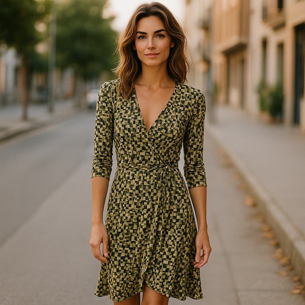 Nine West Elegant Yellow Green Patterned Wrap Dress 2